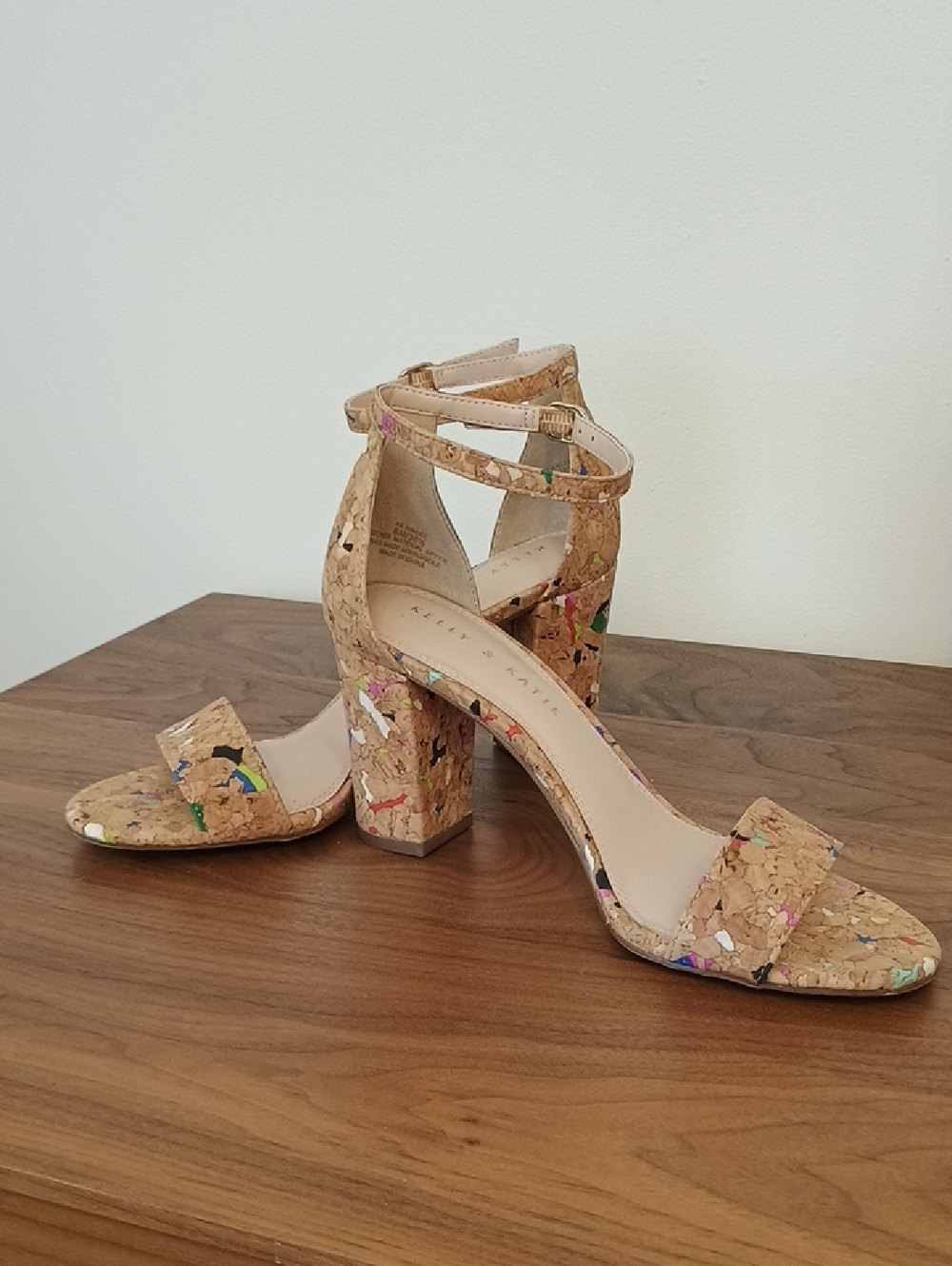 Kelly & Katie Cork Block Heel Sandals with Multicolor Fleck